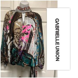 Gabrielle Union Long Sleeved Abstract Keyhole Blouse